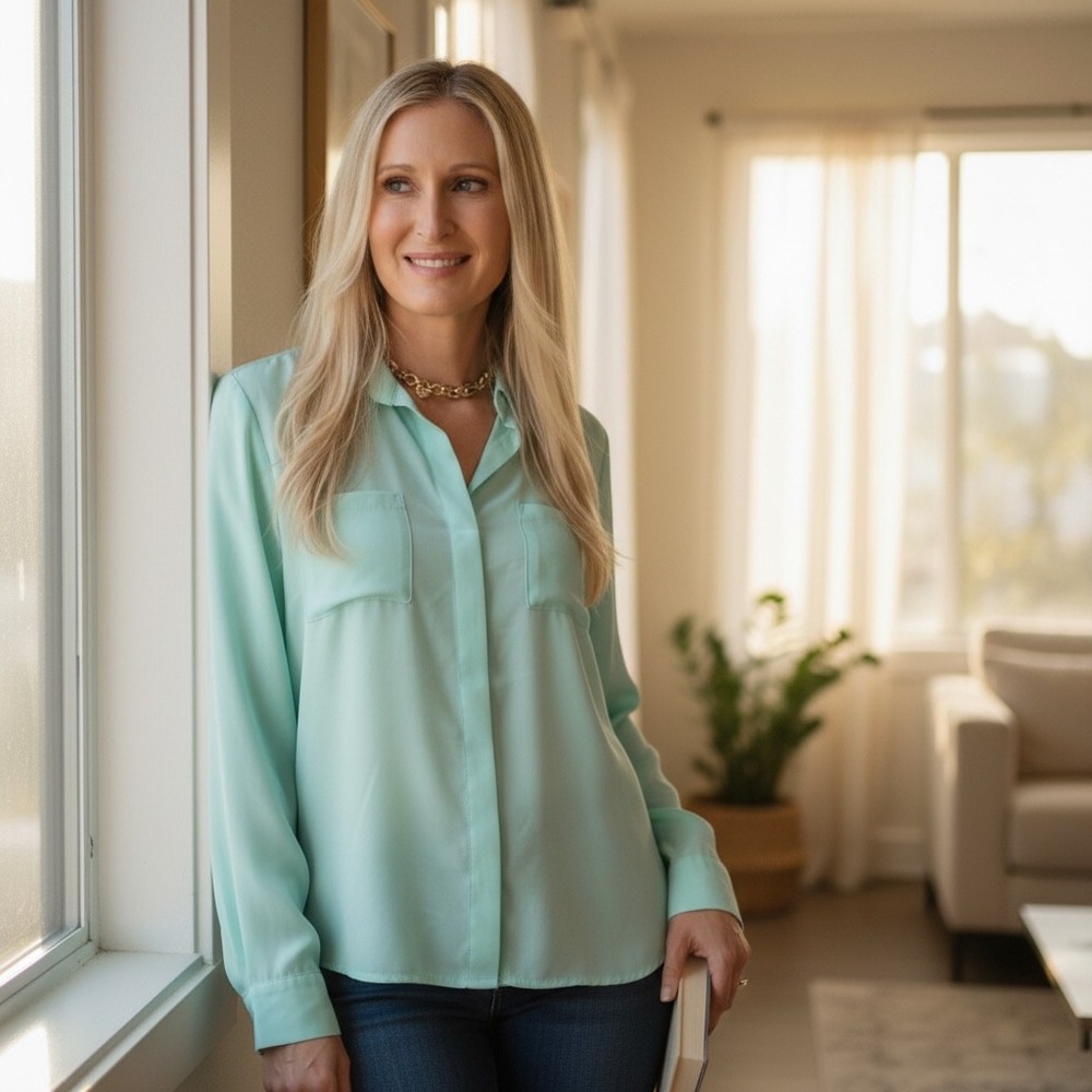 Bobeau Mint Green Roll Tab‎ Sleeve Button Down Blouse Top Small
